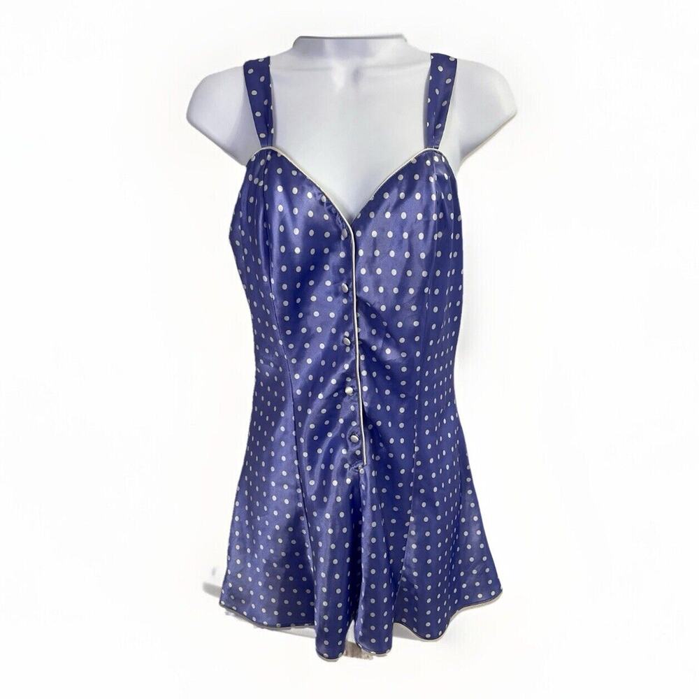 90s Lingerie Cacique Liquid Satin Romper Teddy Lingerie Blue Small VTG 1990s